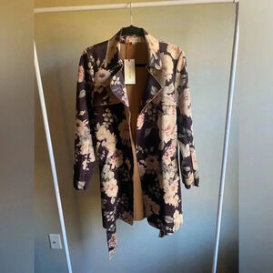 Solitaire Anthropologie faux suede floral open front jacket with tie belt